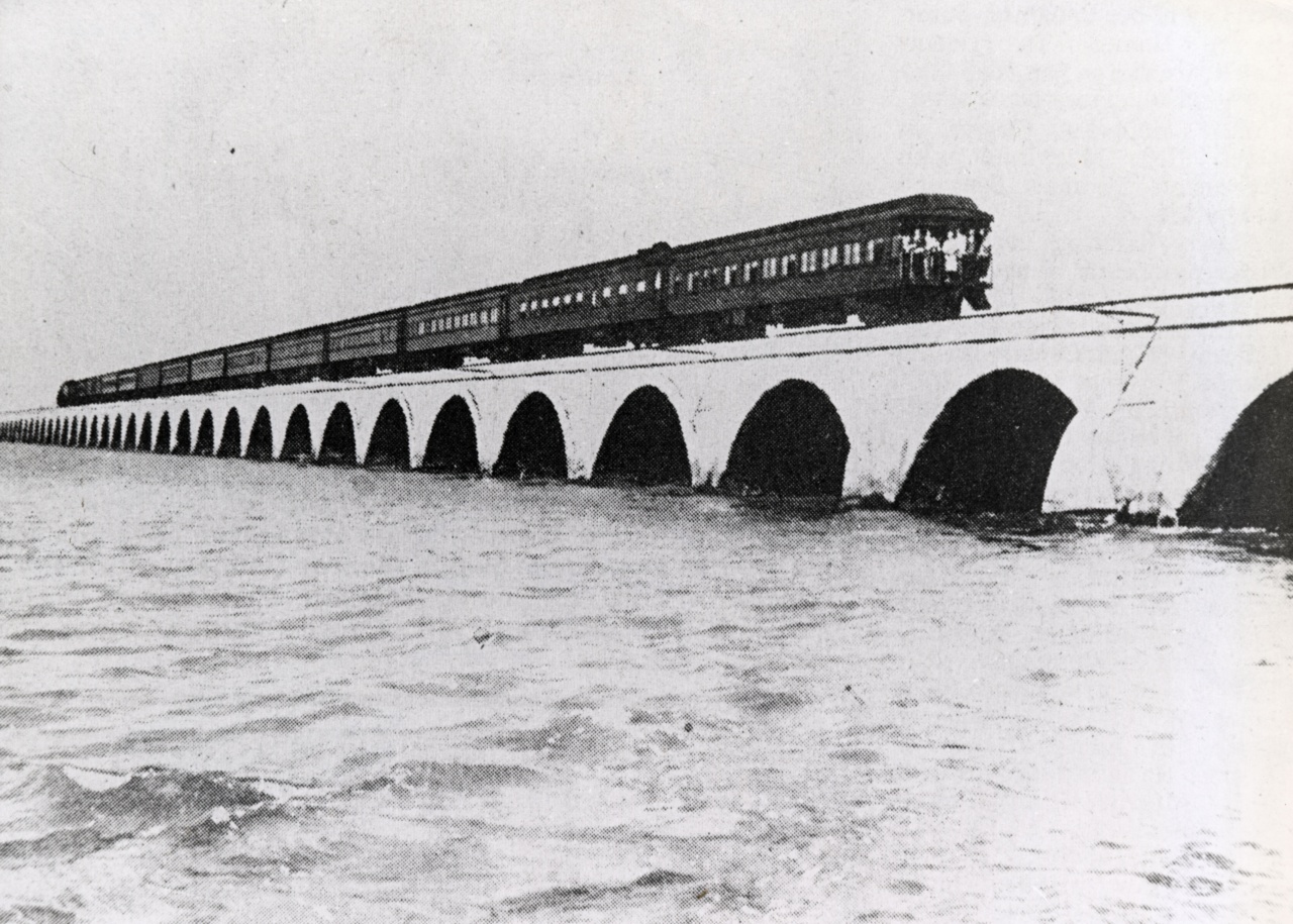 Florida East Coast Railway, Key West Extension. Train on the Long Key Viaduct. Monroe County Library Collection.