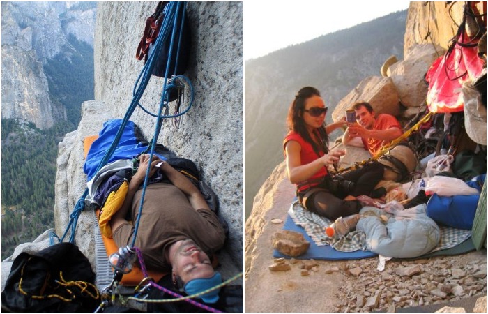 Даже сейчас найдутся рисковые альпинисты, которые решаться лечь спать на узкий выступ скалы. 