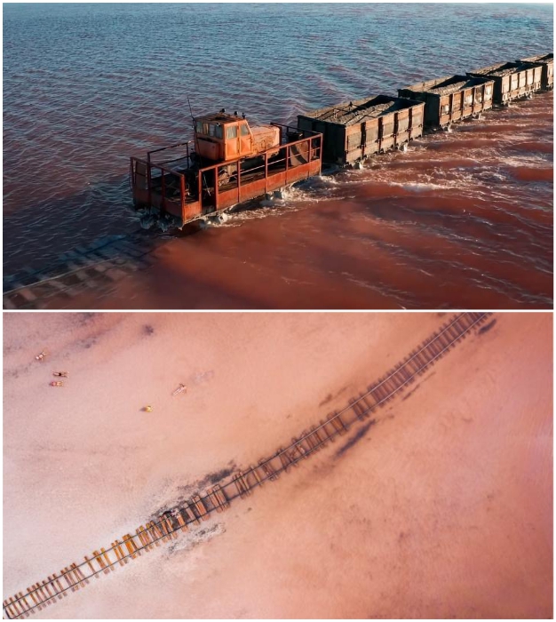 Топ фото с розового озера Бурлинское: поезд на воде и тонны соли вокруг