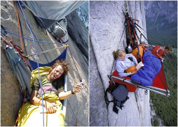 Современным альпинистам доступны одноместные, двухместные подвесные платформы-палатки модельного ряда Portaledge и не очень удобные гамаки.
