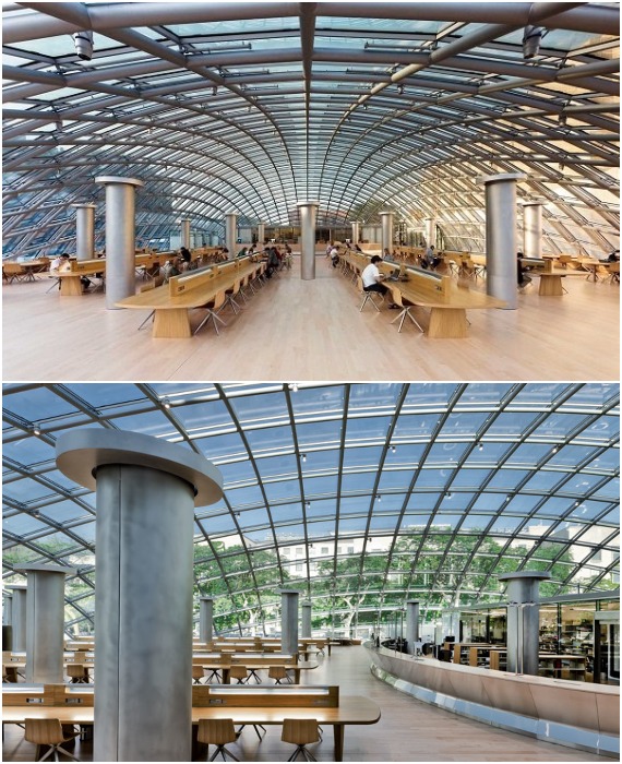 Опорные колонны в читальном зале под куполом не только его удерживают, но и позволяют замаскировать системы вентиляции, кондиционирования и отопления (The Joe and Rika Mansueto Library, США).