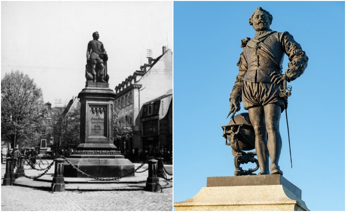 Слева - памятник Дрейку в немецком Оффенбурге, уничтожен нацистами в 1939 г.; справа - памятник в Плимуте