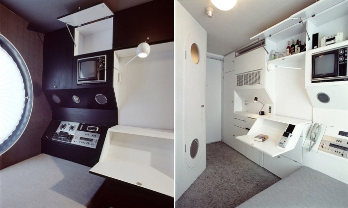 Встроенная трансформирующаяся мебель помогла оптимизировать жилое пространство (Nakagin Capsule Tower, Япония).
