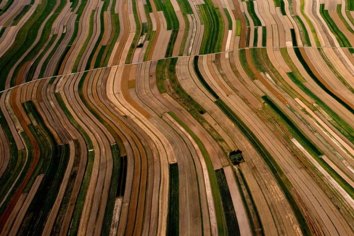 Даже в межсезонье ровные ряды полей представляют собой потрясающее зрелище, которое можно увидеть лишь с высоты полета (Sułoszowa, Польша). | Фото: thefirstnews.com.