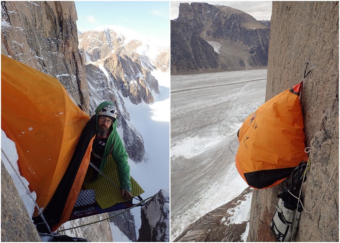 Платформа для сна Portaledge, закрытая сеткой или тканью, спасет альпиниста от ветра и дождя/снега.