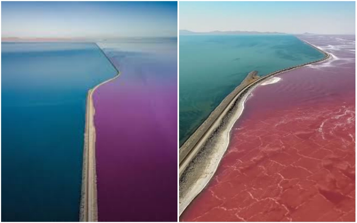Железнодорожное полотно разделило Большое соленое озеро на две части (США).