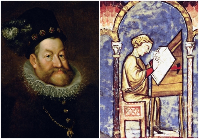 Слева направо: Картина маслом: Портрет Рудольфа II. \ Монах Герман, пишущий Кодекс Гигас.