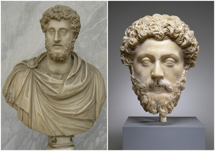 Слева направо: Луций Элий Аврелий Коммод. \ Портретный бюст Марка Аврелия, 161-80 годы нашей эры.