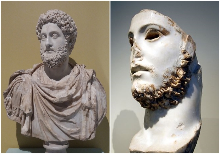 Слева направо: Луций Элий Аврелий Коммод — римский император. \ Остатки римского бюста юноши со светлой бородой, возможно, изображающего императора Коммода, Национальный археологический музей, Афины.