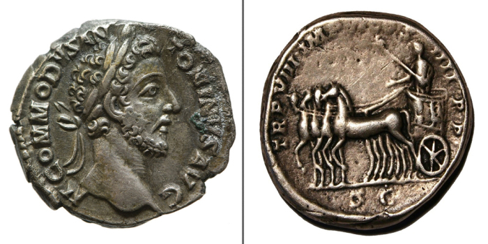 Слева направо: Динарий с изображенеим Марка Коммода Антонина Августа. \ Динарий с изображением Коммода.