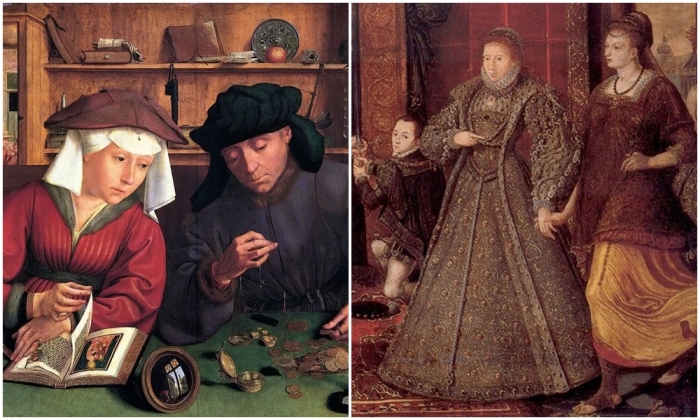 Слева направо: Ростовщик и его жена, Квентин Массейс, 1514 год. \ Елизавета возвещает мир и изобилие (деталь из портрета семьи Генриха VIII).