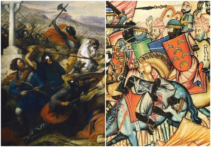 Слева направо: Битва при Пуатье 732 года, Карл Штейбен. \ Битва реконкисты: Миниатюра из «Cantigas de Santa María», XIII век.