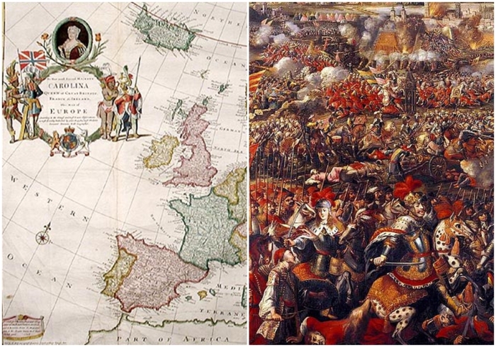 Слева направо: После Вестфальского мира 1648 года границы Европы были в основном стабильными, карта 1708 года работы Германа Молля. \ Битва при Вене, 1683 год.