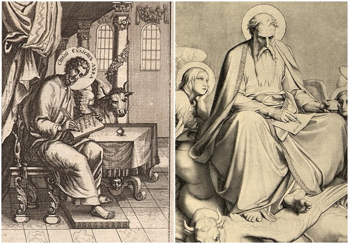 Слева направо: Евангелист Лука, 1711, бумага, офорт, неизвестный гравёр (Москва).\ Евангелист Лука (эскиз для Исаакиевского собора), Ф.А. Бруни, 1840-е гг.