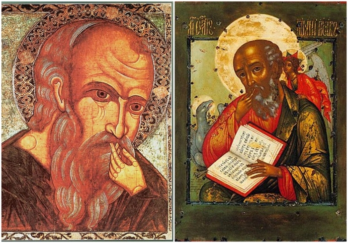 Слева направо: Апостол Иоанн (русская икона XVII века). \ Иоанн Богослов в молчании (Симон Ушаков, 1673 год).