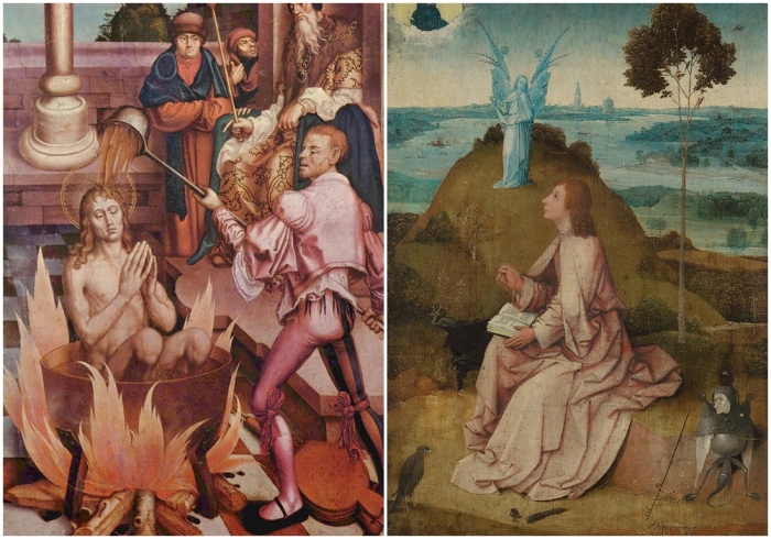 Слева направо: Иоанн Богослов в кипящем масле (Ханс Фрис, 1514 год). \ Иоанн на острове Патмос (Иероним Босх, 1504—1505 годы).