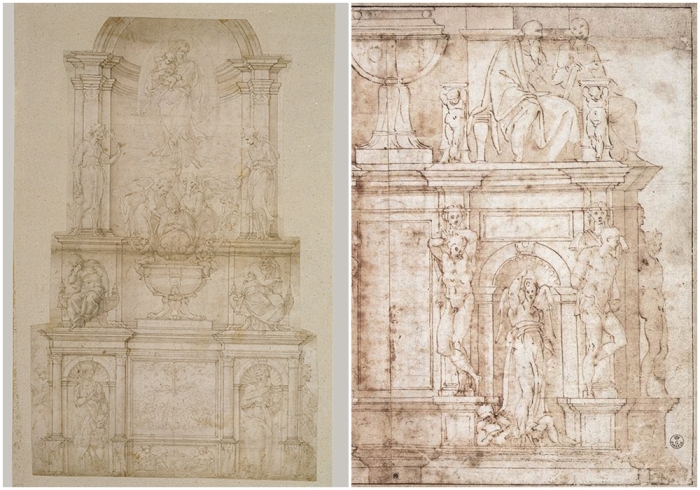 Слева направо: Этюд для настенной гробницы, около 1506 года, приписываемый Микеланджело (это может быть сохранившимся визуальным свидетельством проекта, заказанного в 1505 году, но противоречит описанию ранними биографами Микеланджело отдельно стоящей гробницы). \ Второй проект Микеланджело для настенной гробницы Юлия II.