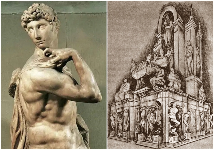 Слева направо: Гений победы, Микеланджело, XVI век. \ Гробница Юлия II (второй проект 1513 года).