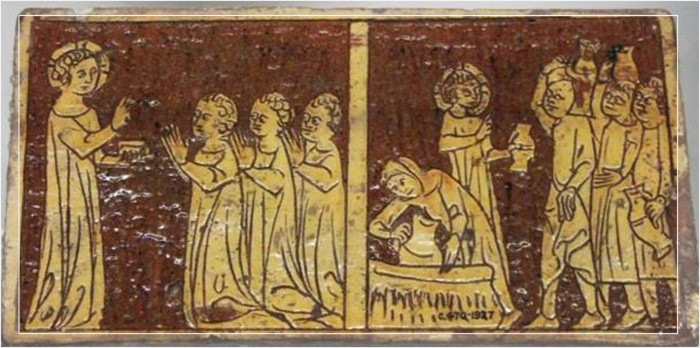 Одна из «плиток Тринга», около 1330 года, изображающая выходки Иисуса-подростка.