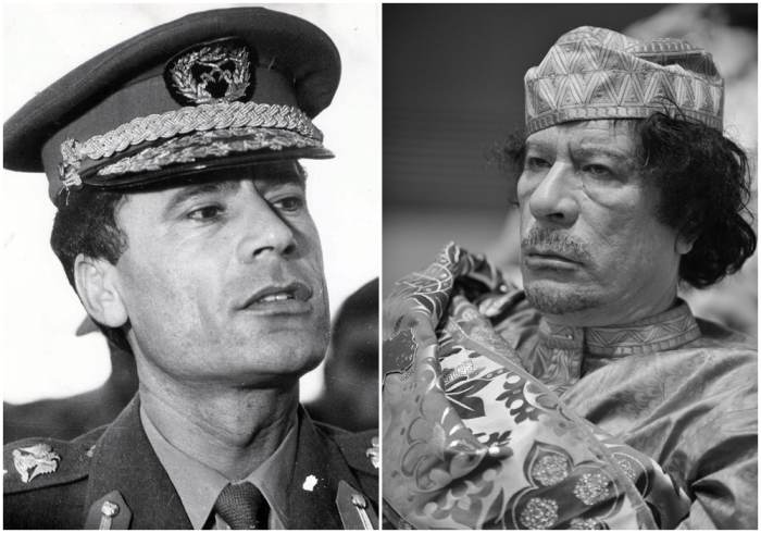 Слева направо: Каддафи, изображенный вскоре после своего захвата власти, во время визита в Югославию в 1970 году. \ Каддафи на саммите Африканского союза 2 февраля 2009 года, в Аддис-Абебе.