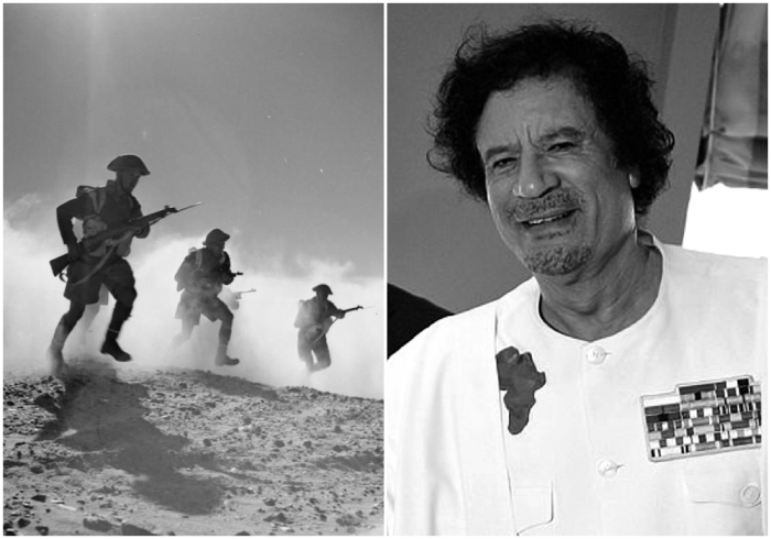 Слева направо: Ливия во время Второй мировой войны. \ Каддафи носит эмблему с изображением Африканского континента.