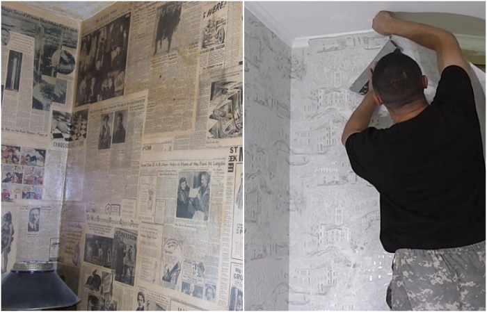 Сначала на стены нужно наклеить газеты, а потом обои. / Фото: pinterest.ru